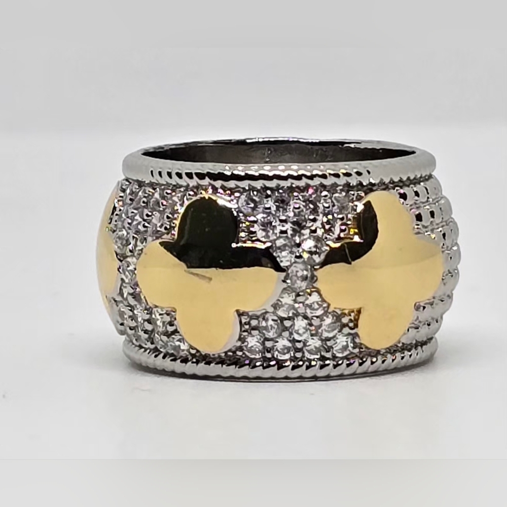 Gold & Silver Clover Accent  Wide Band Ring - Women Jewelry